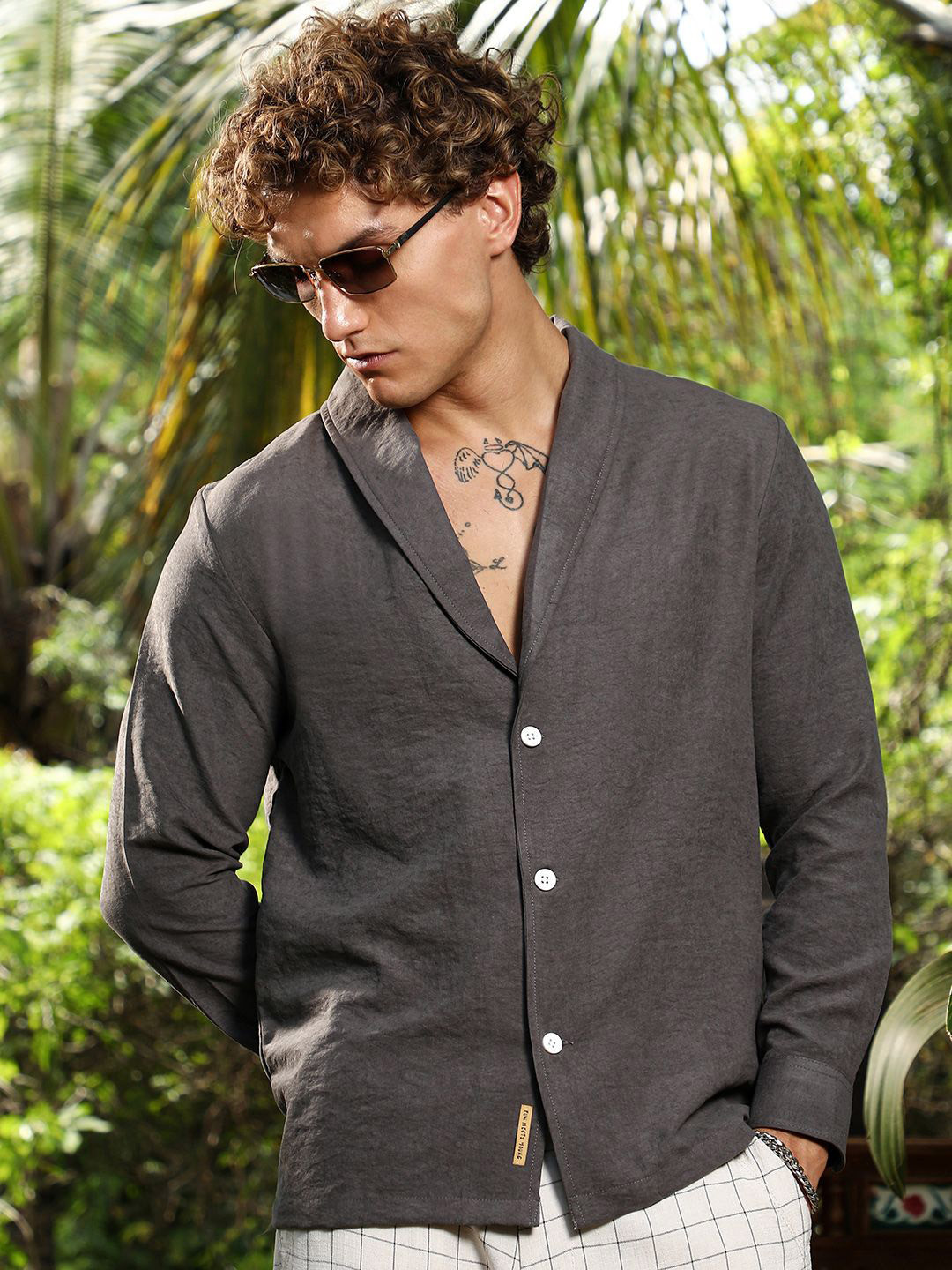 Campus Sutra Comfort Self Design Shawl Collar Oversized Shirt