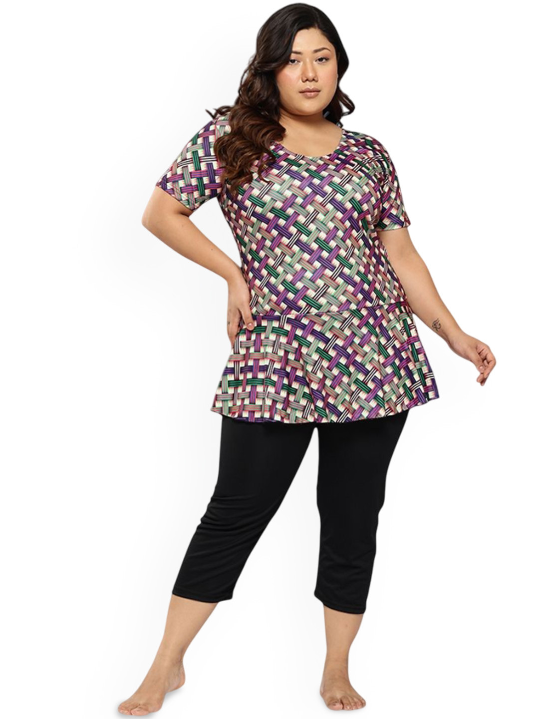 Aarika Plus Size Check Printed Swim Suit With Cap