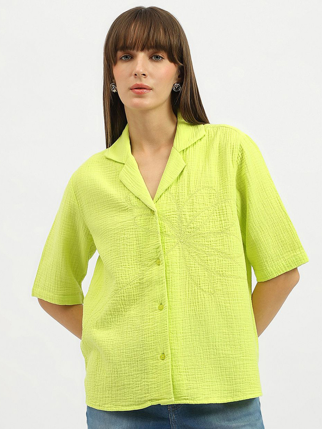 United Colors of Benetton Textured Resort Collar Embroidered Pure Cotton Shirt