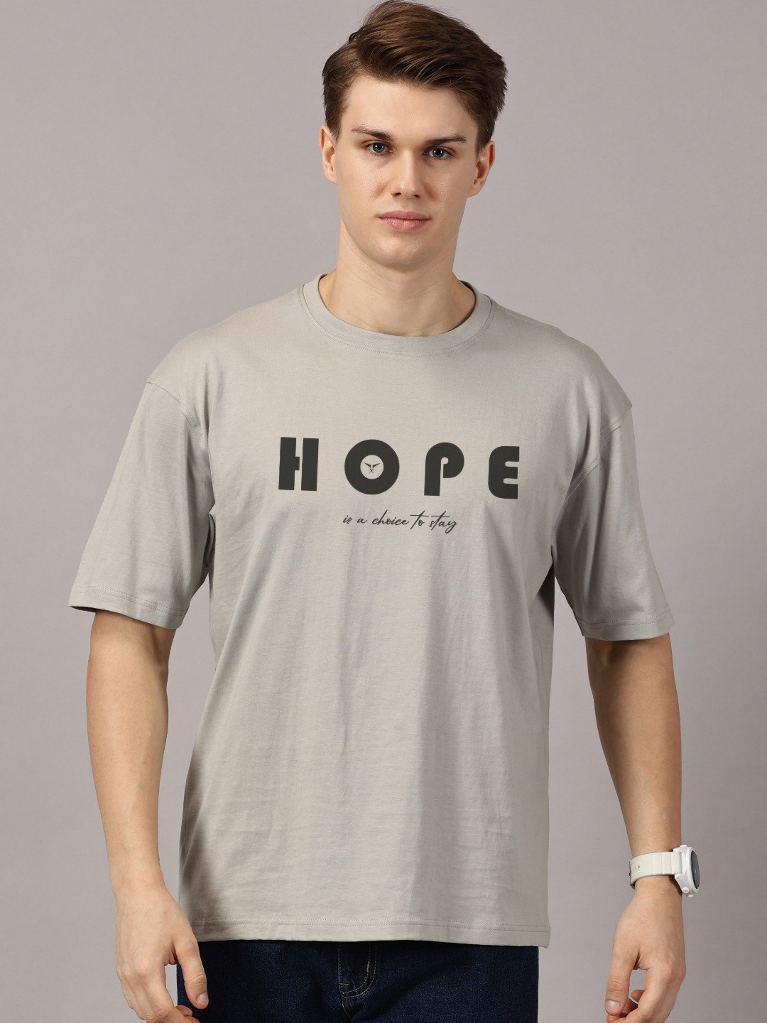 Grey & Black Typography Printed Oversized Round Neck T-shirt