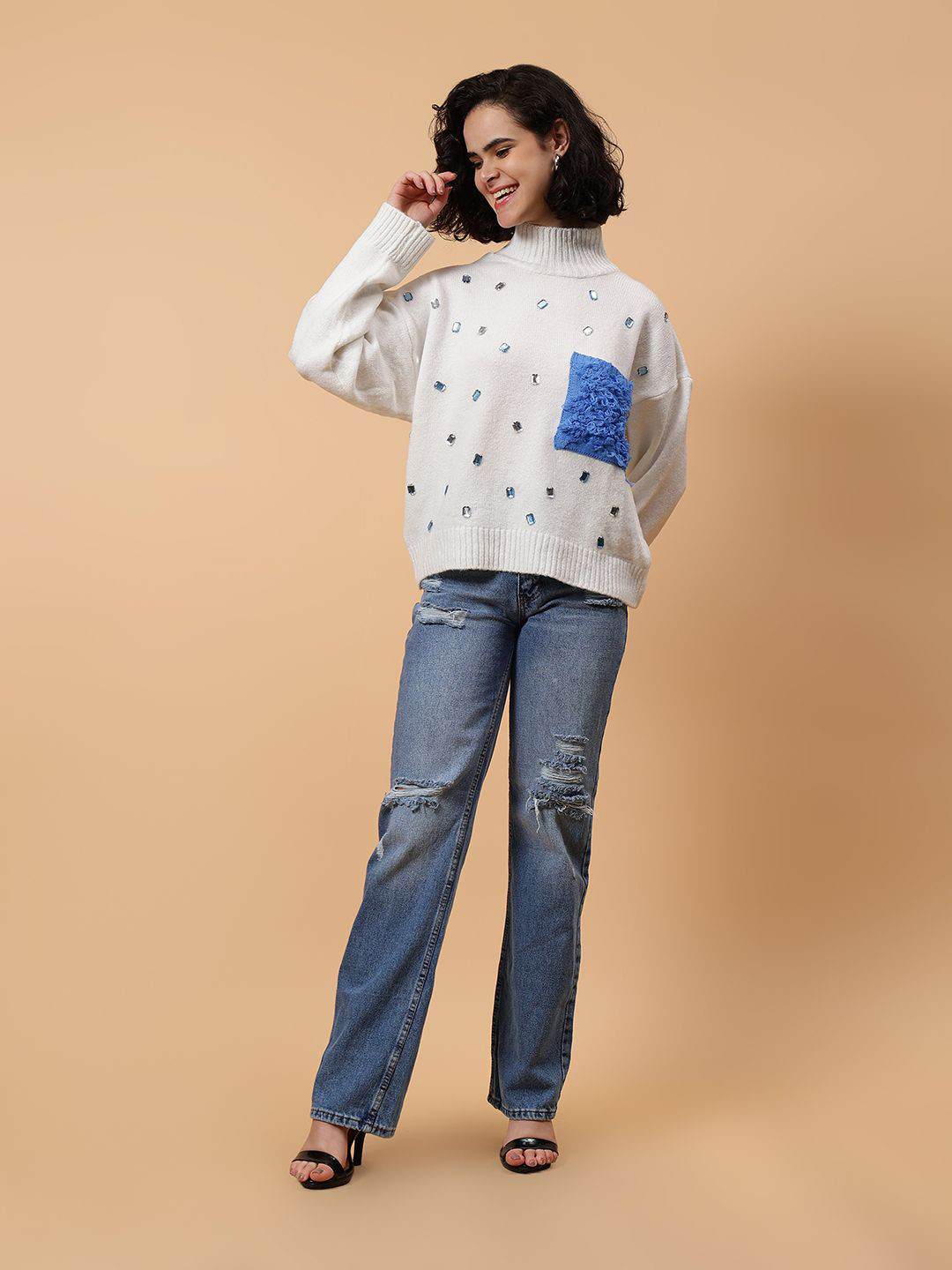 Fashion Gaiia Women Embellished Turtle Neck Woollen Sweater