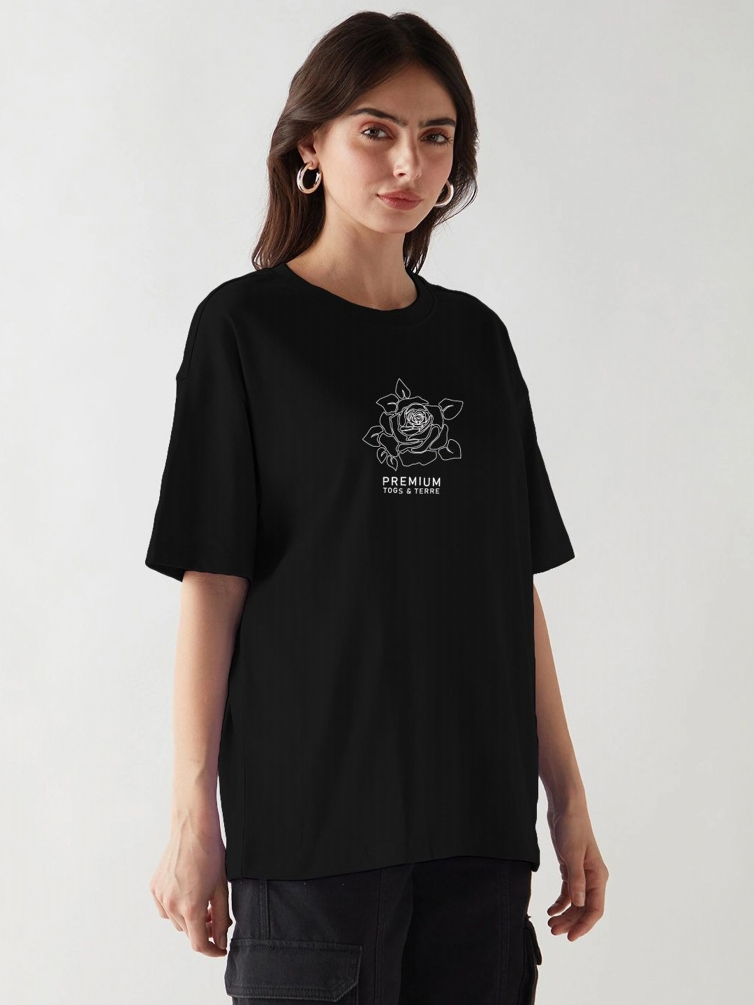 TOGS & TERRE Typography Printed Round Neck Organic Cotton Oversized Casual T-shirt