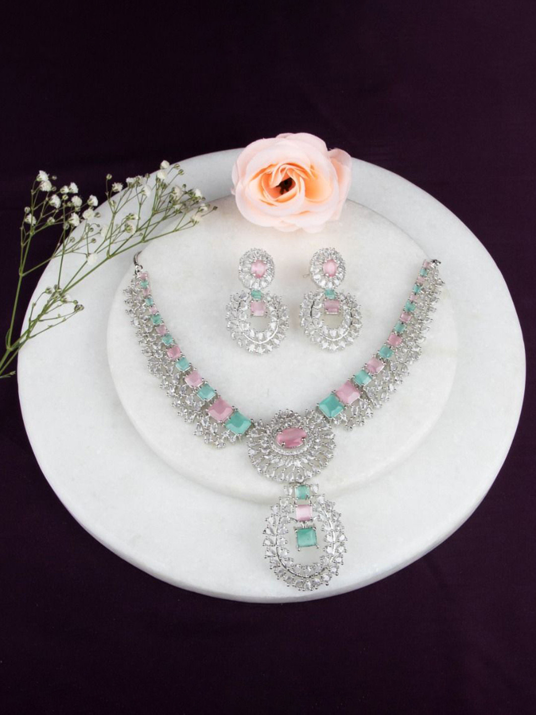 LA FILLE D'OR Women Silver-Plated Cubic Zirconia-Studded Jewellery Set