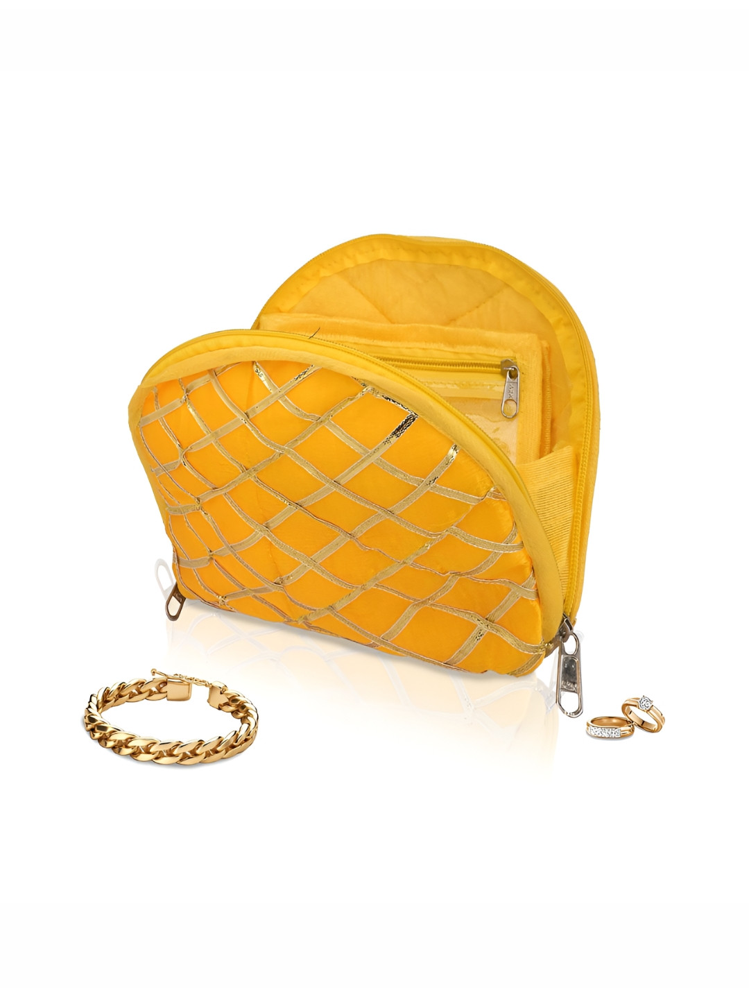 Aura Yellow Polyester Jewellery Kit with 4 Transparent Pouche Jewellery Organisers