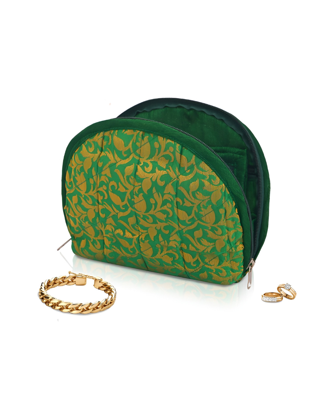 Aura Green & Gold Toned Printed Jewellery Kit With 4 Transparent Pouches