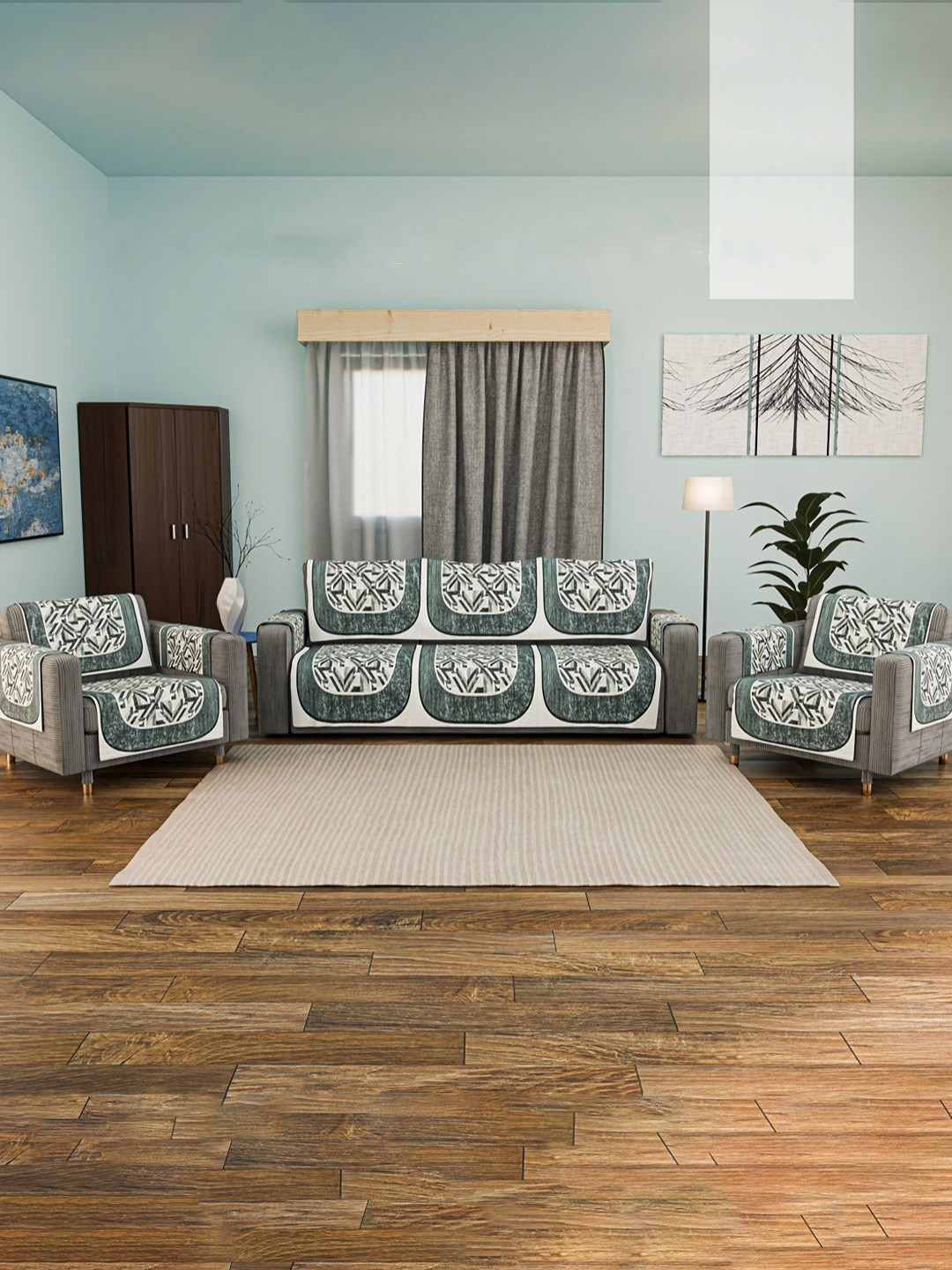 Aura Set of 16 Grey Soft Velvet 5 Seater Sofa Cover for with Arms Sofa Seat Protector