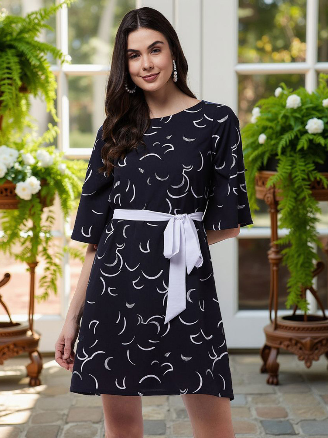 Zima Leto Printed Bell Sleeves A-Line Dress