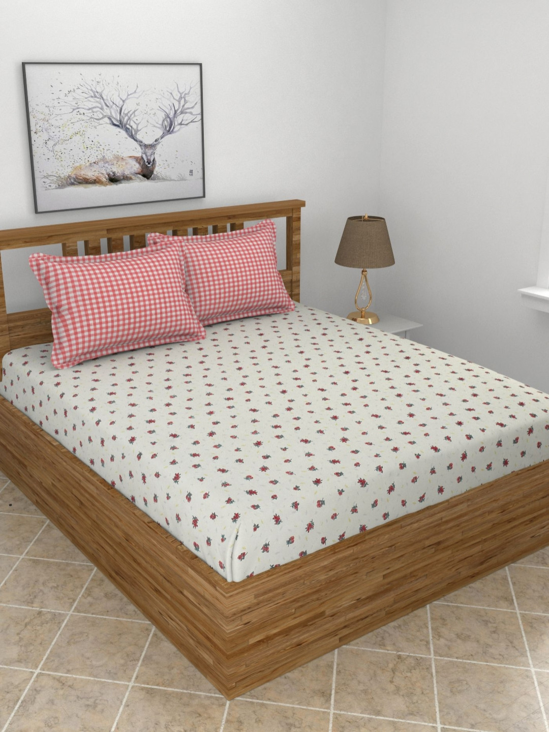 MORADO White Floral Polycotton 210 TC Fitted King Bedsheet with 2 Pillow Covers-360 x 72 inches