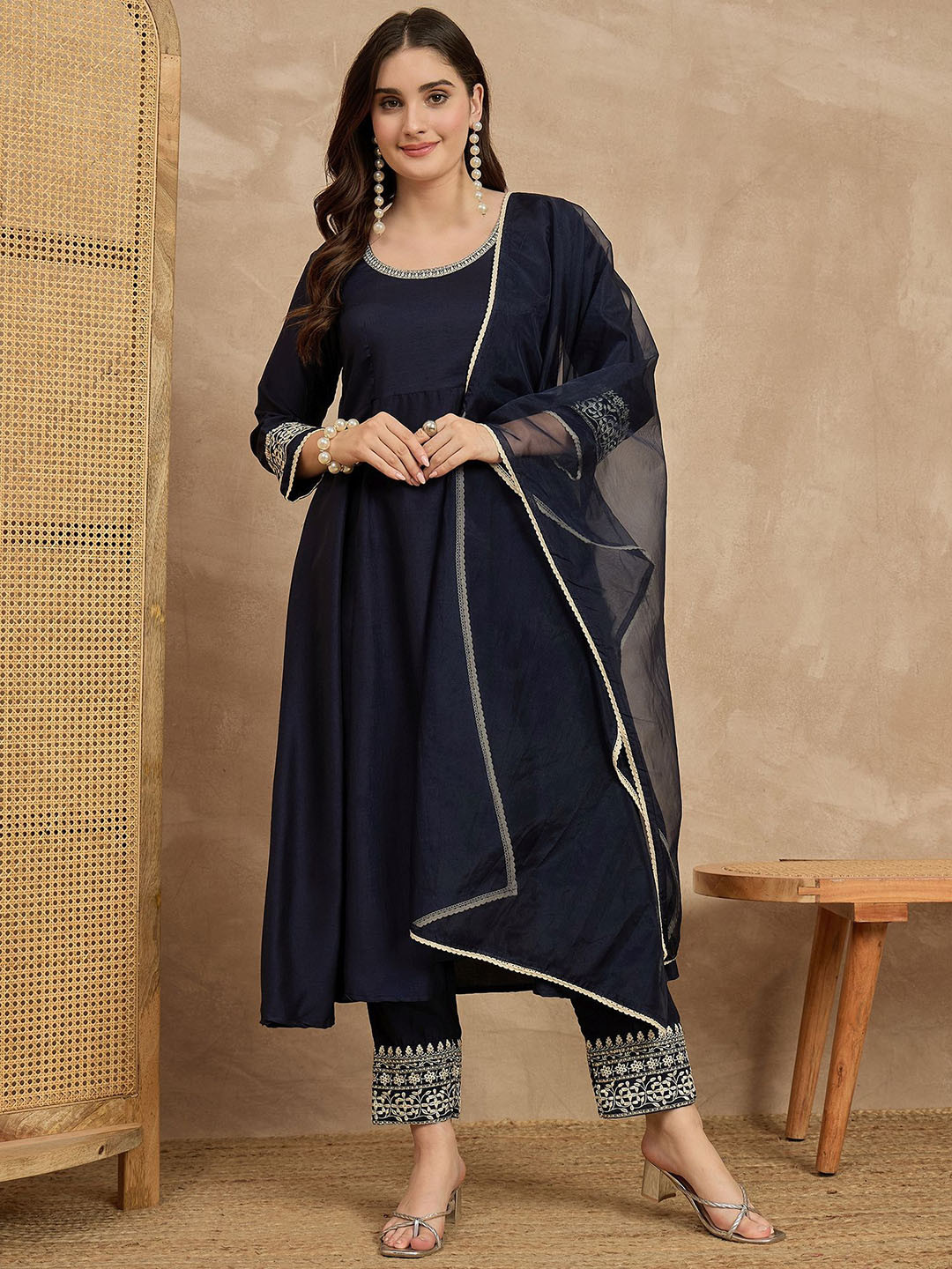 all about you Floral Embroidered Round Neck Chinon A-Line Kurta With Trousers & Dupatta