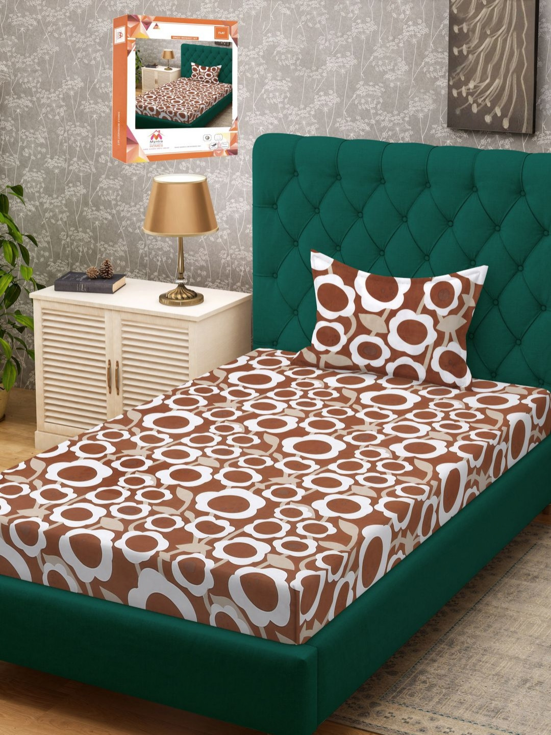 Myntra Elegant Homes Book Fold Rust Floral Cotton Breathable 300 TC Single Fine Bedsheet with a Pillow Cover-89 x 59 inches