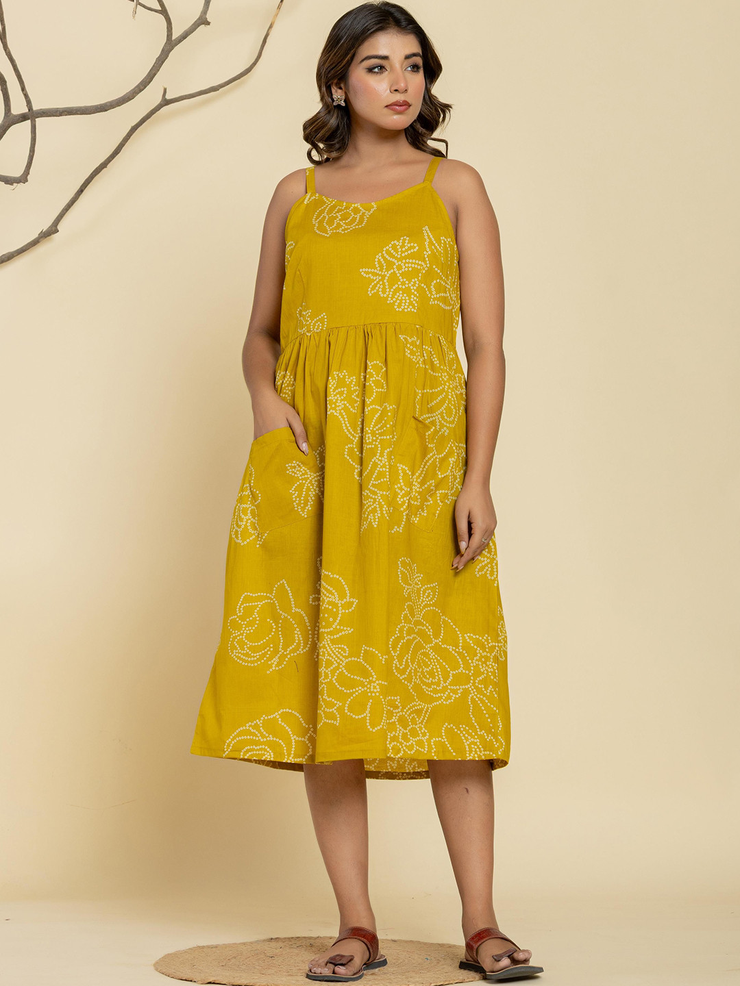 krambica Women Floral Bandhani Print Cotton A-Line Midi Dress With Pocket