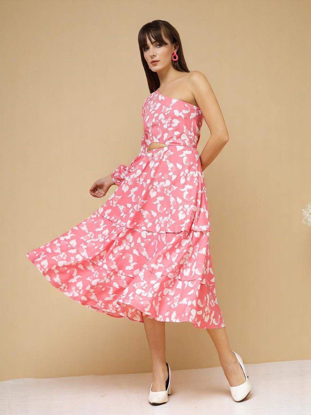 The Roadster Lifestyle Co. Floral Print One Shoulder Cut-Outs Fit & Flare Midi Dress