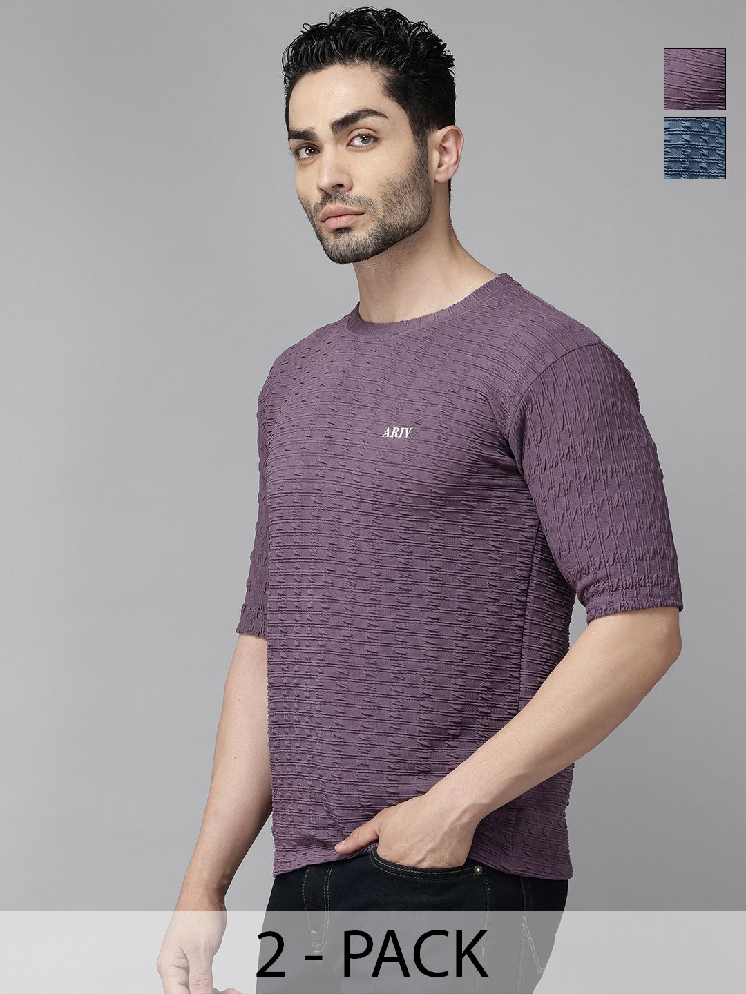 ATLANS Pack of 2 Self Design Round Neck Regular Fit Polyester T-shirt