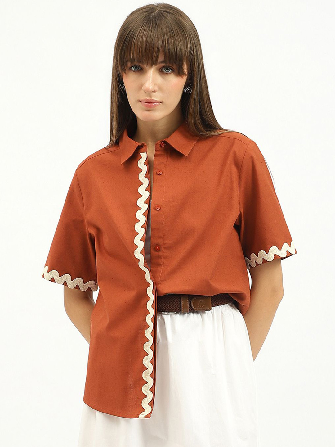 United Colors of Benetton Spread Collar Lace Work Cotton Linen Shirt