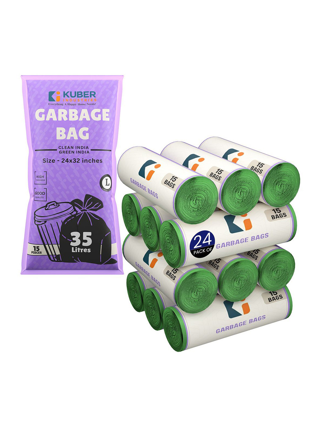 Kuber Industries 24-Pcs Green Premium Garbage Bags For Dustbin