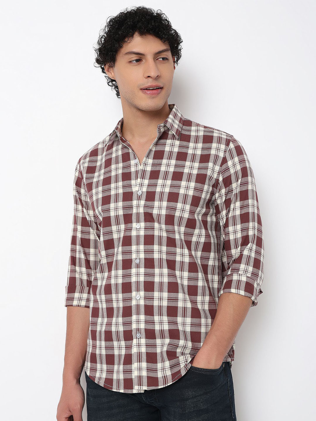 MARK & ALBERT Slim Fit Tartan Checks Wrinkle Free Cotton Casual Shirt