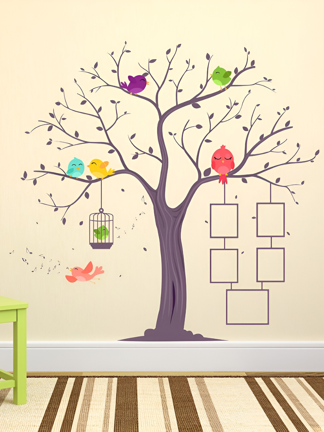 LANSTICK Grey & Red Printed Tree With Birds Wall Sticker