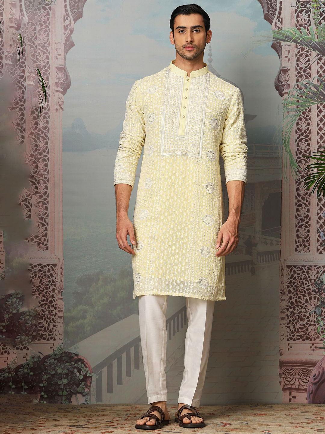 ASUKA Daisy Dream Floral Embroidered Thread Work Chanderi Silk Straight Kurta With Trouser