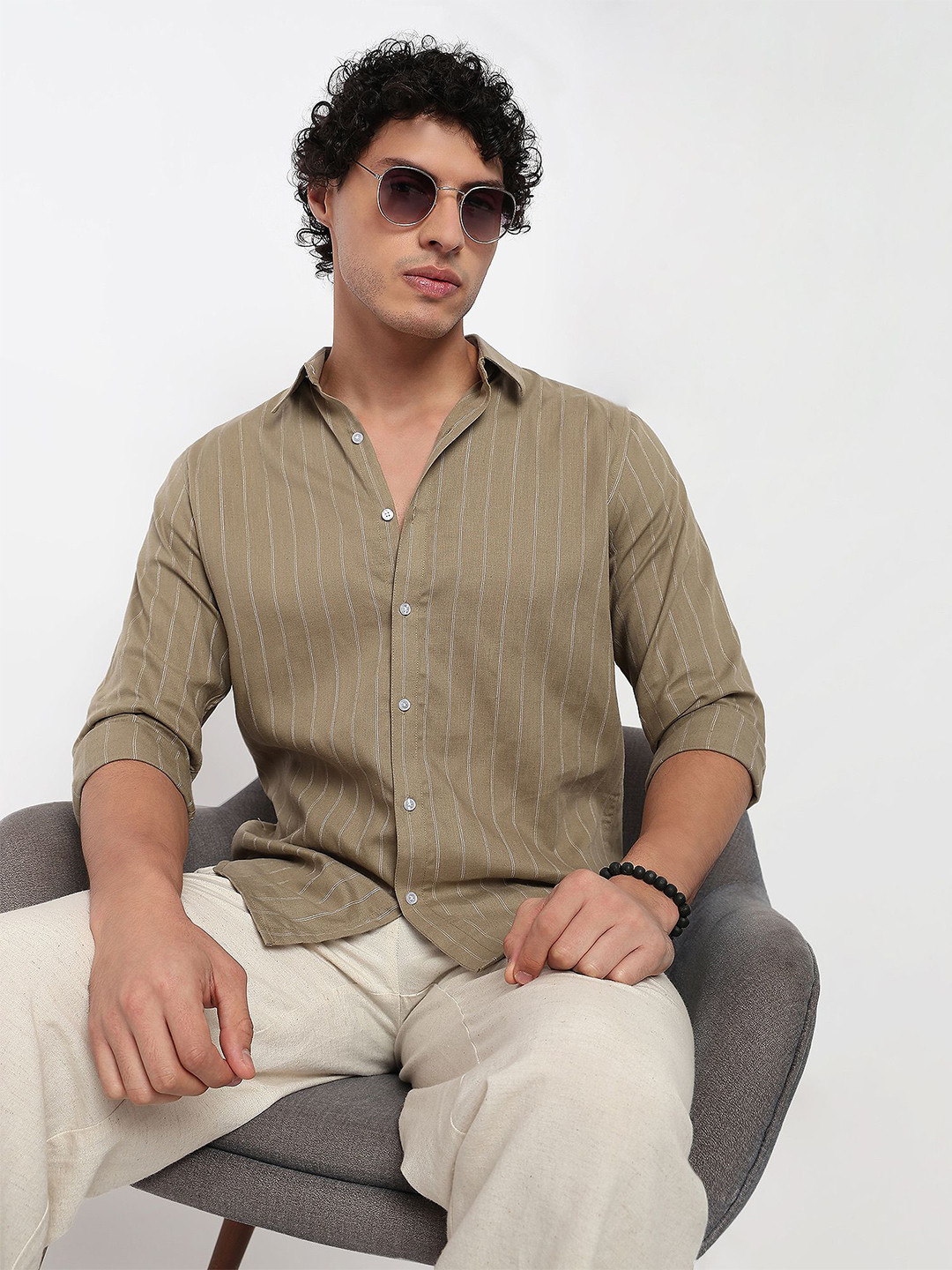 MARK & ALBERT India Slim Fit Vertical Stripes Wrinkle Free Linen Causal Shirt