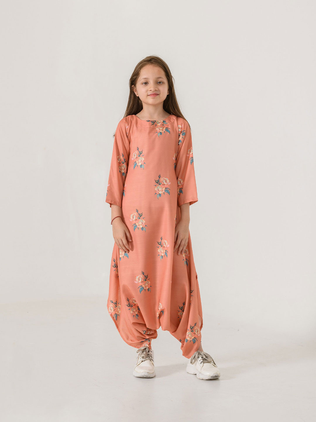 Pasha Girls Floral Printed Scarlet Orange Dhoti Jumpsuit