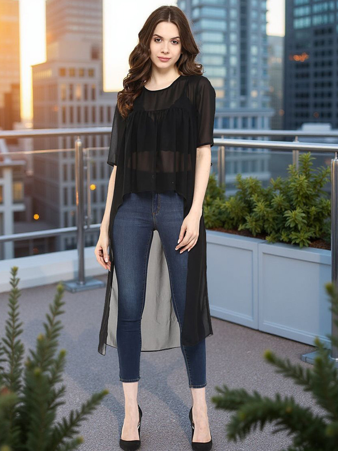 Pannkh Women Round Neck Sheer High-Low Top