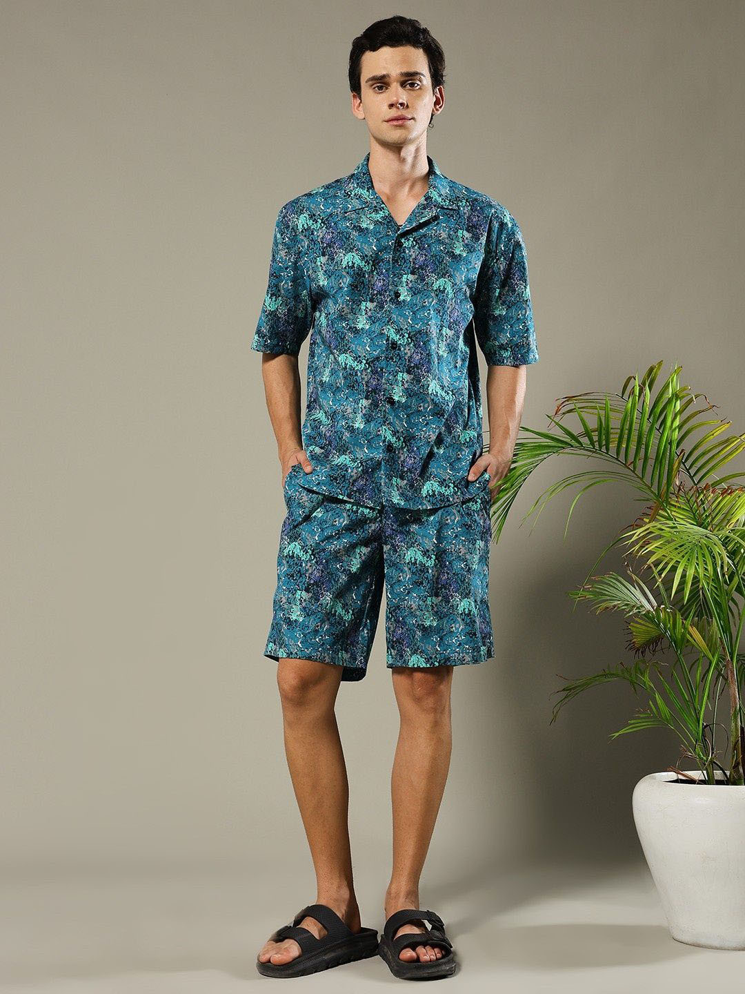 PRONK Printed Pure Cotton Shirt Collar Shirt With Shorts Co-Ords Set