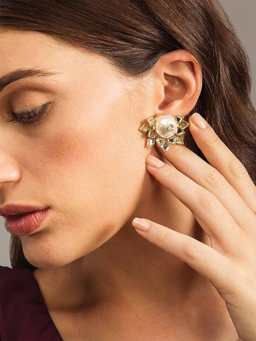 Isharya 18Kt Gold Plated Contemporary Mirror Pearls Studs