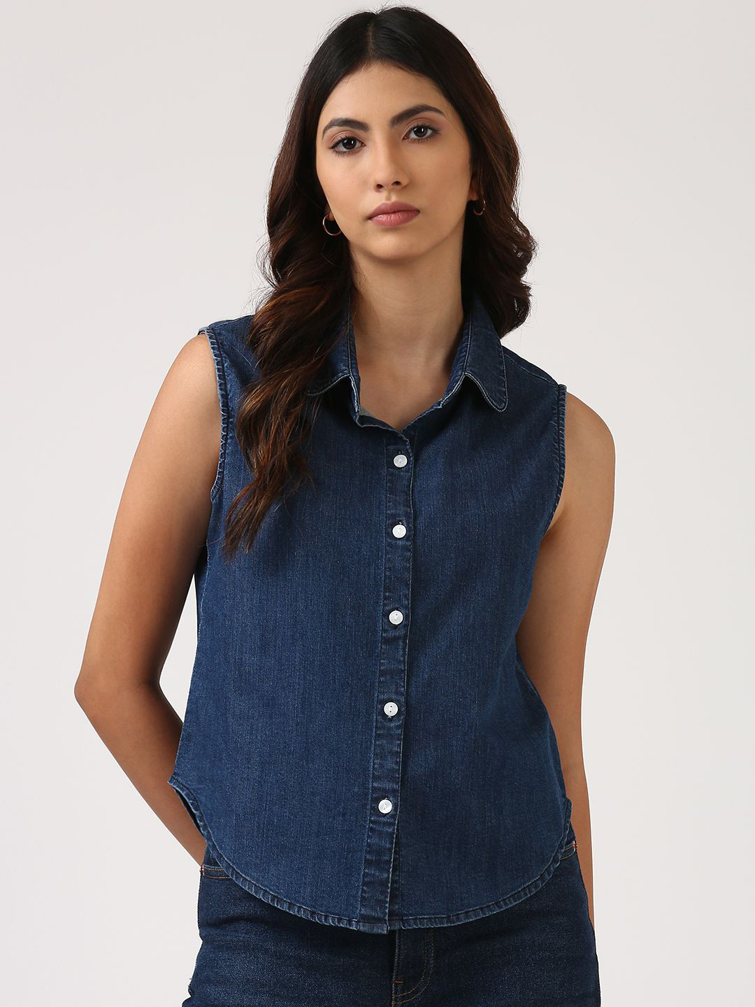Jolene.club Women Shirt Collar Sleeveless Shirt Style Denim Top