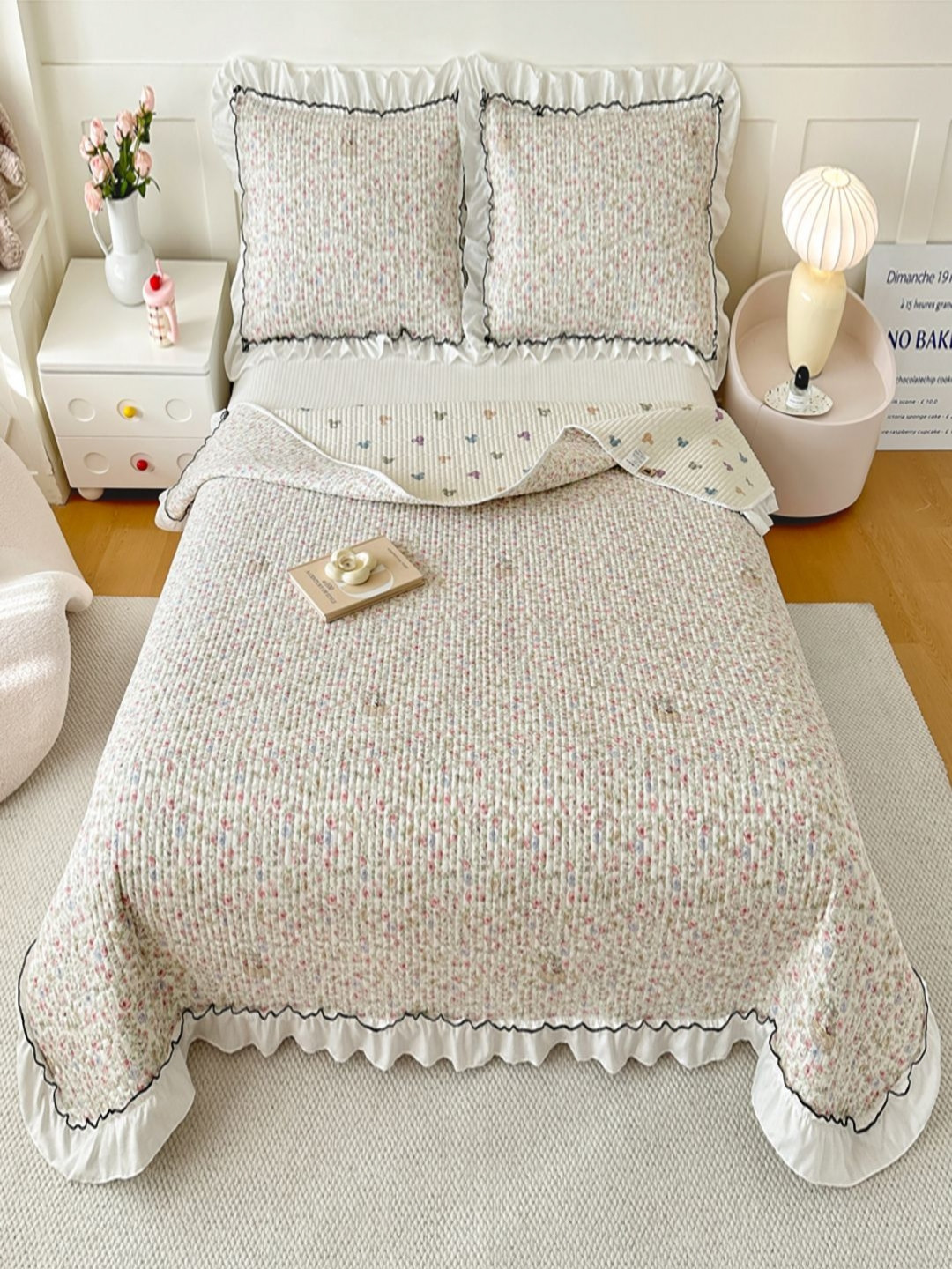 JC HOME White & Pink Floral Printed 162 TC Double Superking Bed Cover Set 2.30 m x 2.50 m