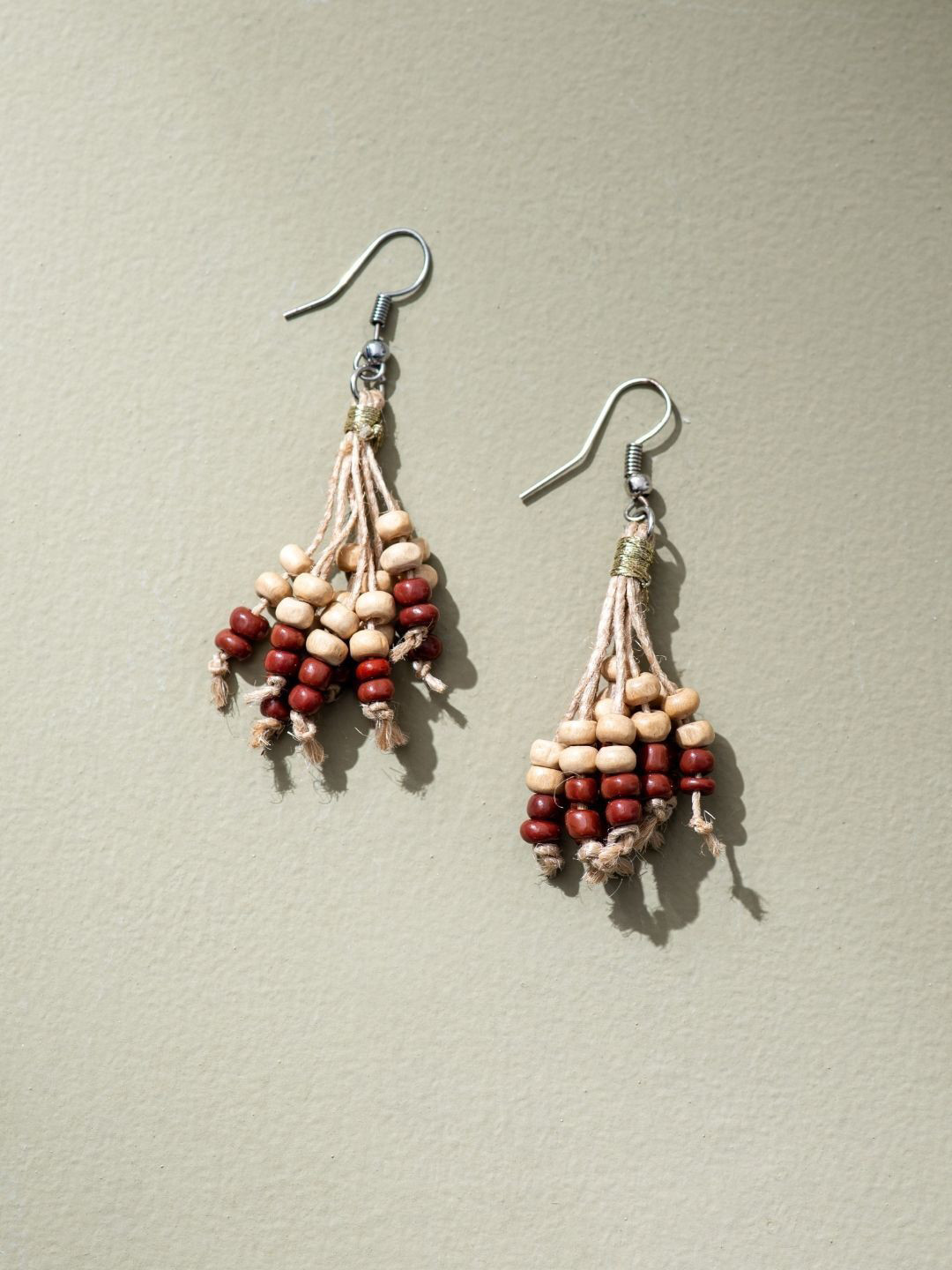 WHE Artificial Beaded Eco Chic Jute & Wooden Contemporary Drop Earrings