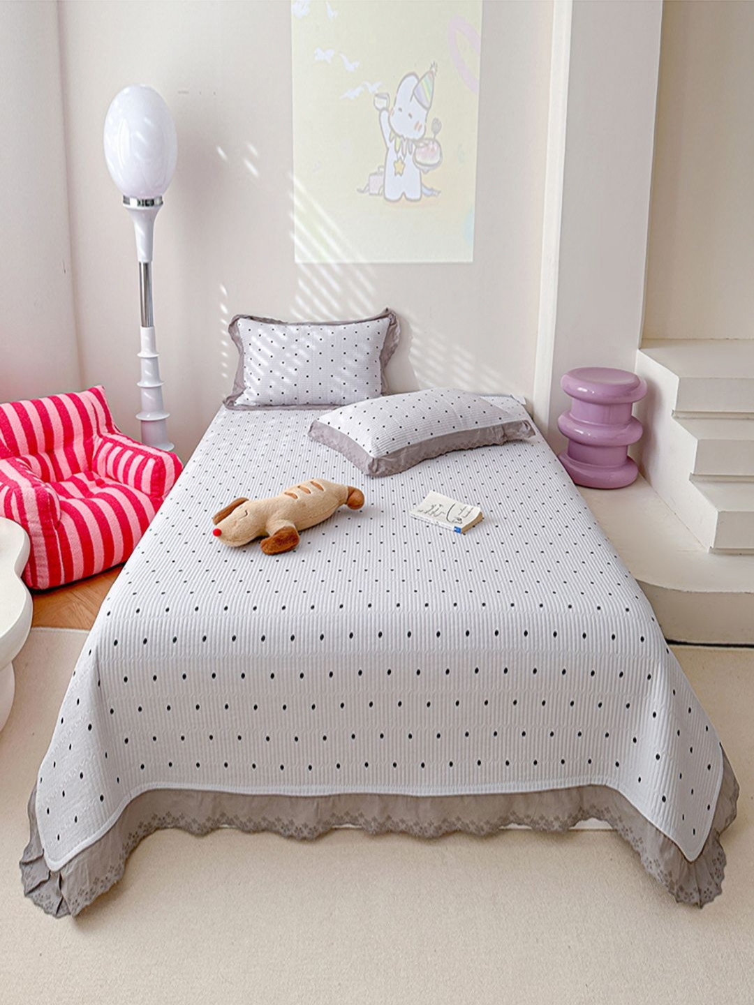 JC HOME Grey & Black Printed 162 TC Double Superking Bed Cover With Pillow Covers