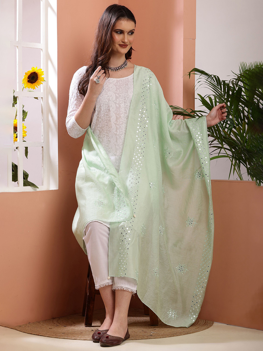 Bunkraft Embroidered Cotton Silk Dupatta With Mirror Work