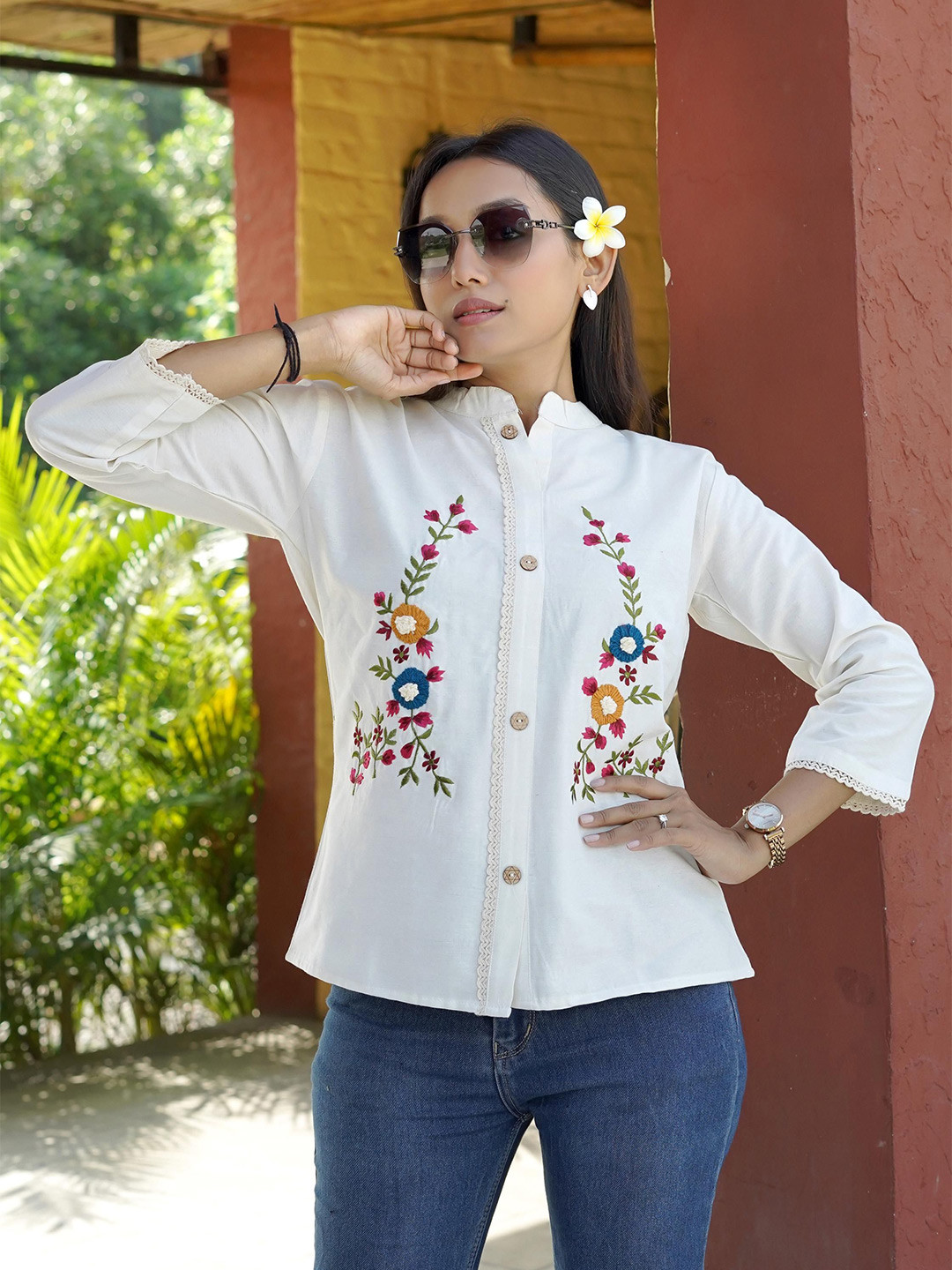 CORSICA Women Khadi Floral Print Shirt Style Top