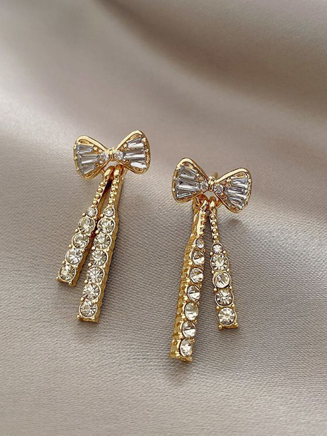 DressBerry Korean Gold-Plated Diamond Bow American Diamond Drop Earrings