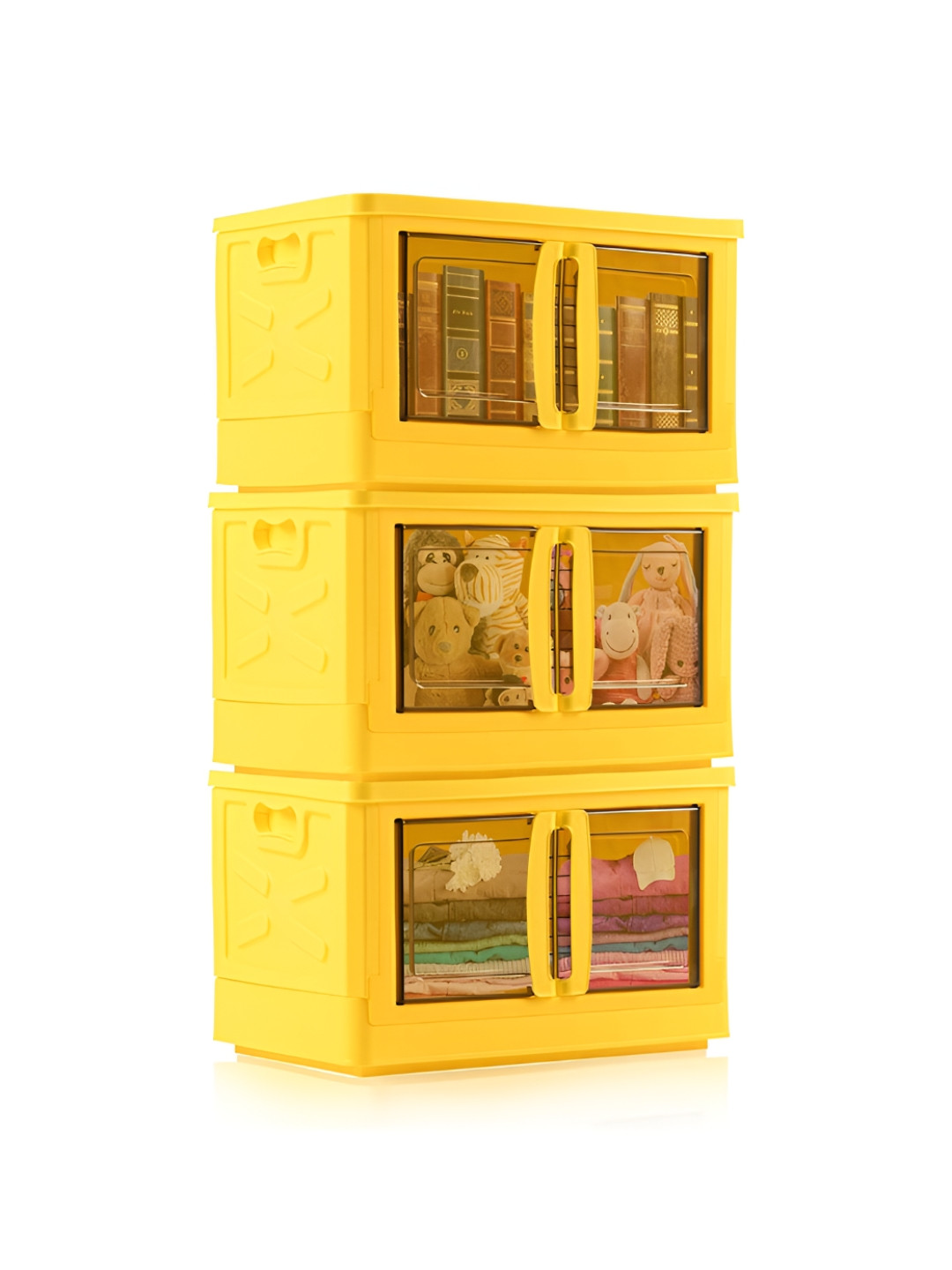 Aura Yellow 3 Units Collapsible & Stackable Plastic Storage Box with Lid Drawer Organiser