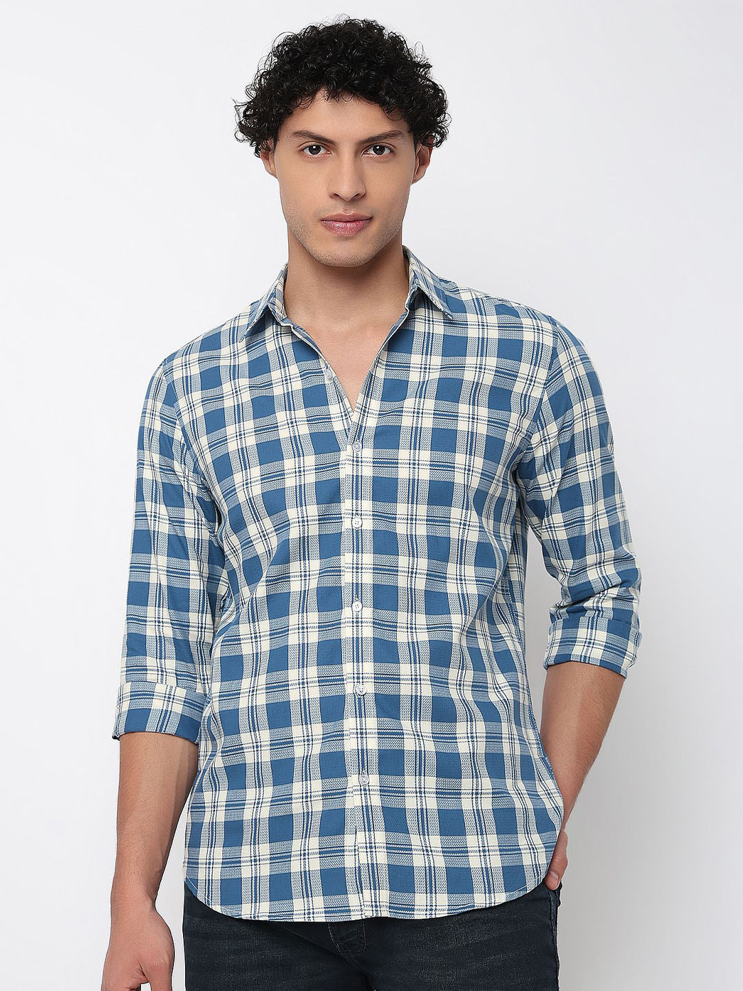 MARK & ALBERT India Slim Tartan Checks Cotton Wrinkle Free Casual Shirt