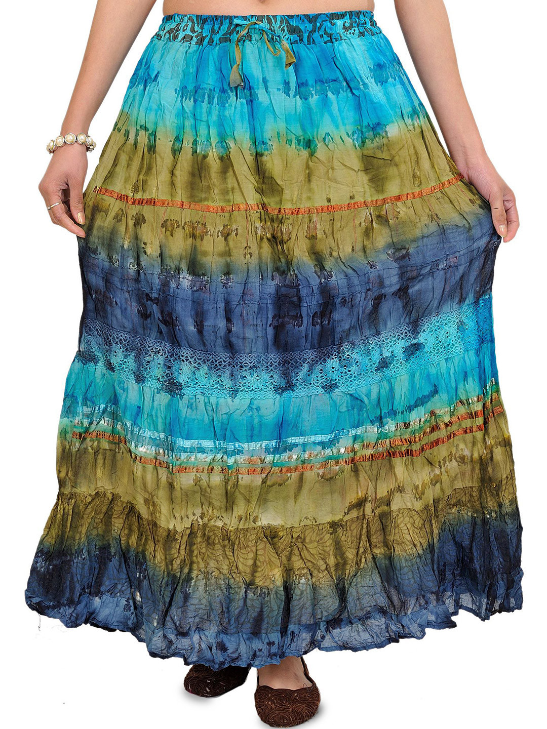 Exotic India Batik-Dyed Tri-Colored Long Elastic Skirt