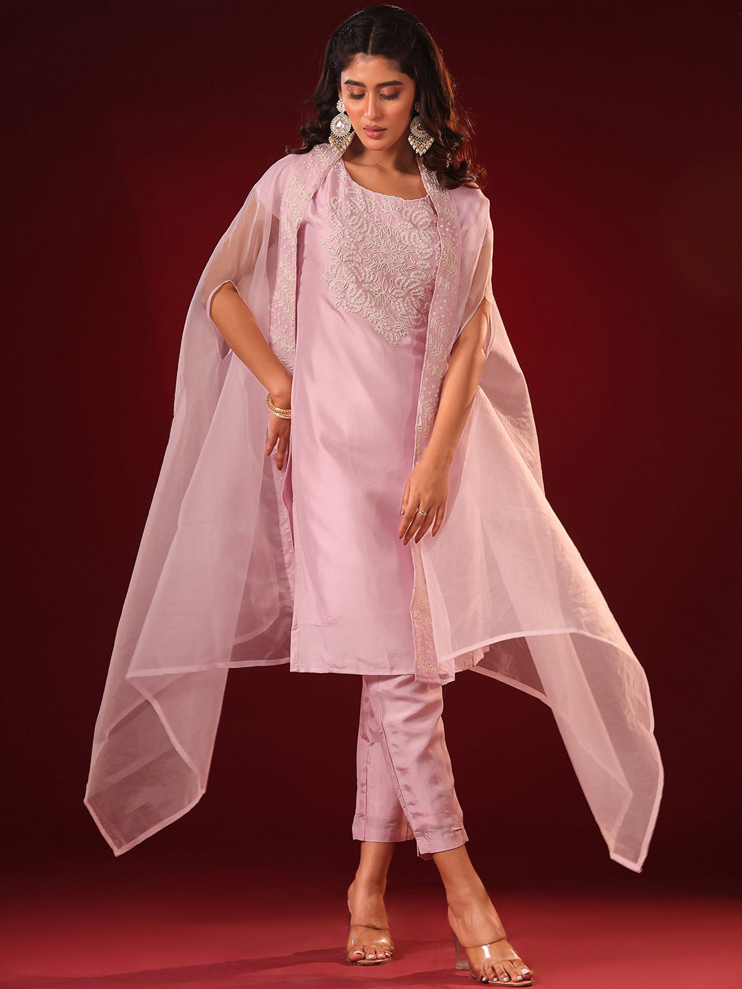 ORAT Floral Yoke Design Round Neck Pure Silk Straight Kurta & Trousers With Cape