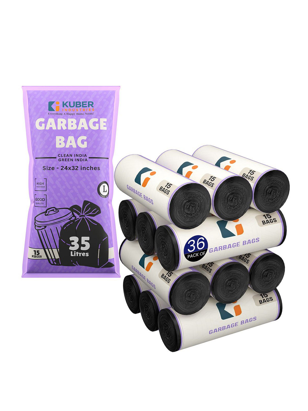 Kuber Industries 36-Pcs Green Premium Garbage Bags For Dustbin - 540 Bags