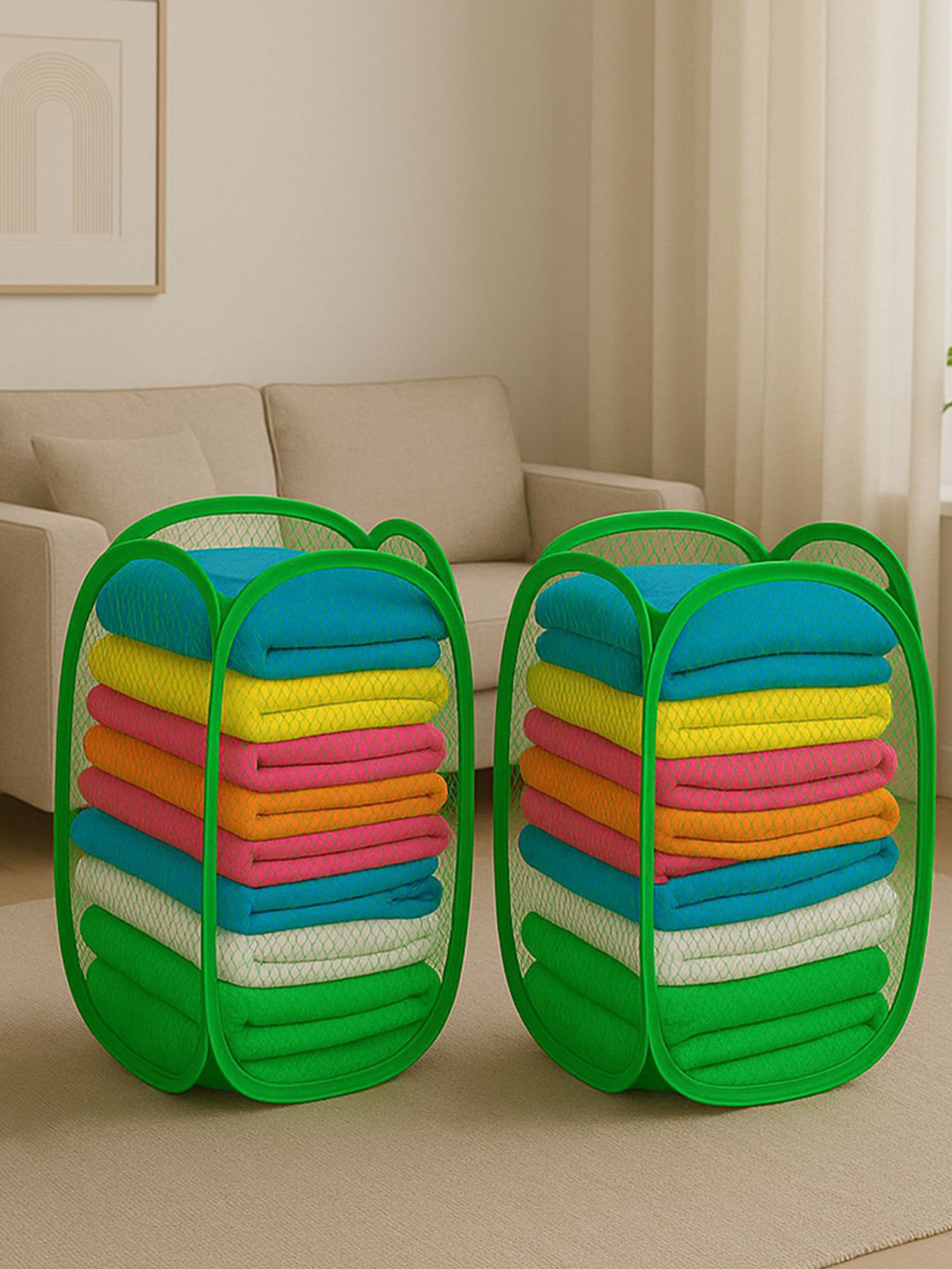 Kuber Industries 2-Pcs Green Mesh Laundry Basket 20 L