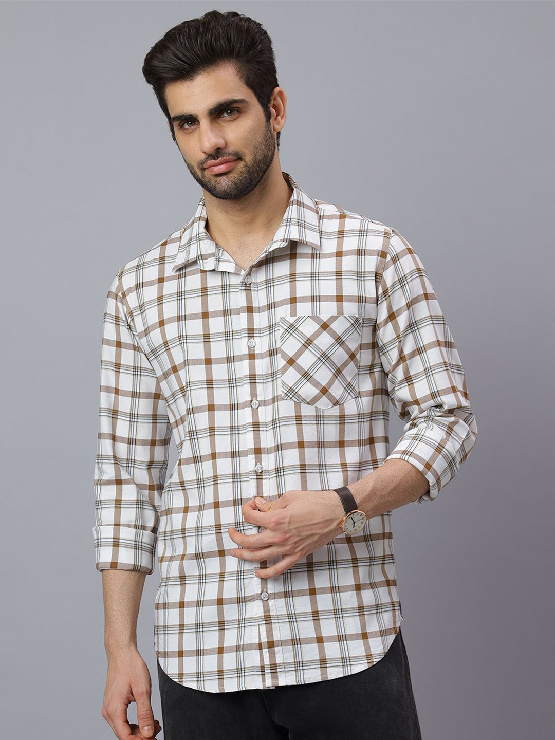 NEON CHILLIE Checked Spread Collar Classic Slim Fit Cotton Shirt