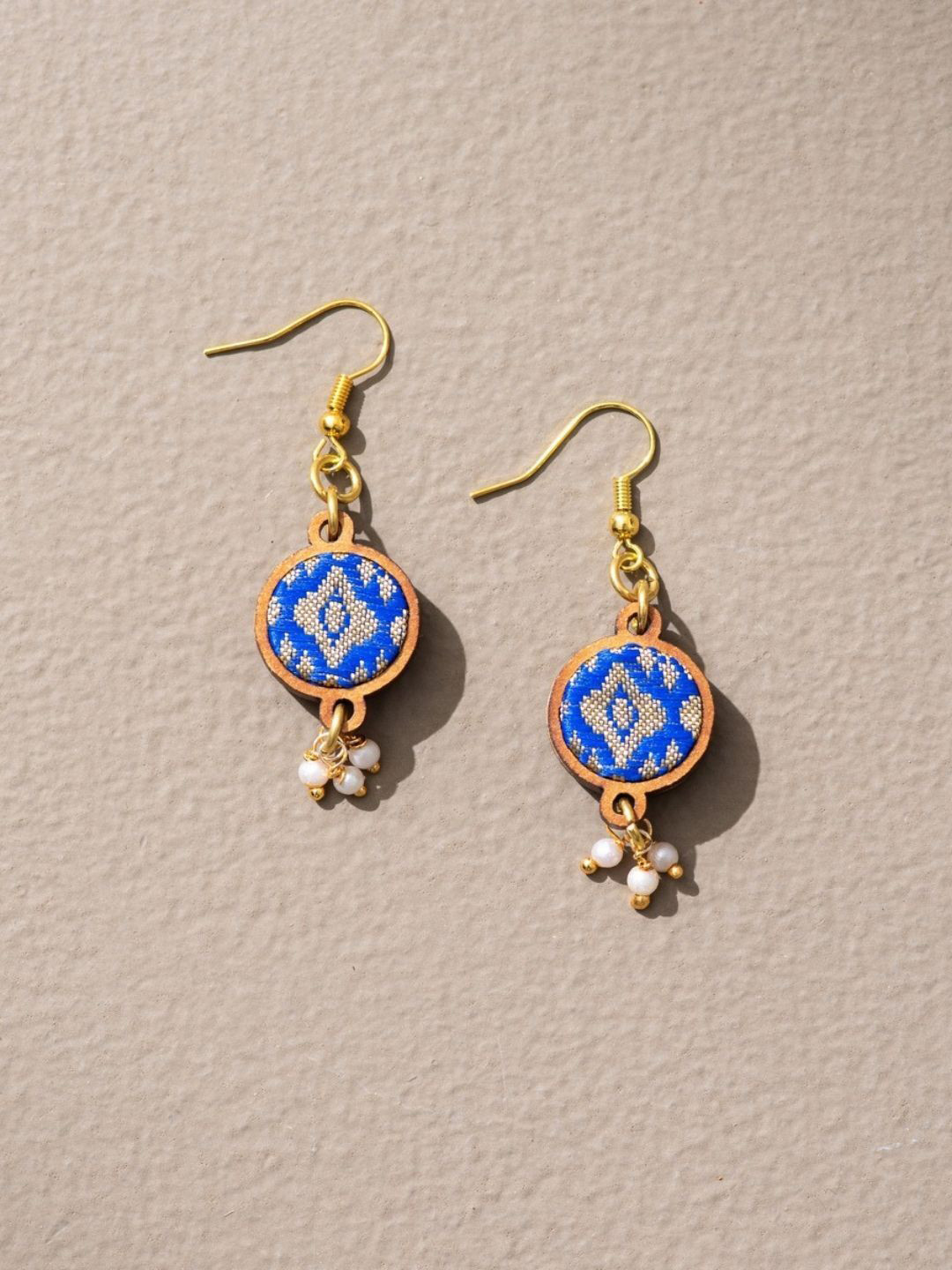 WHE Artificial Beaded Repurposed Fabric And Wood Circular Shaped Drop Earrings
