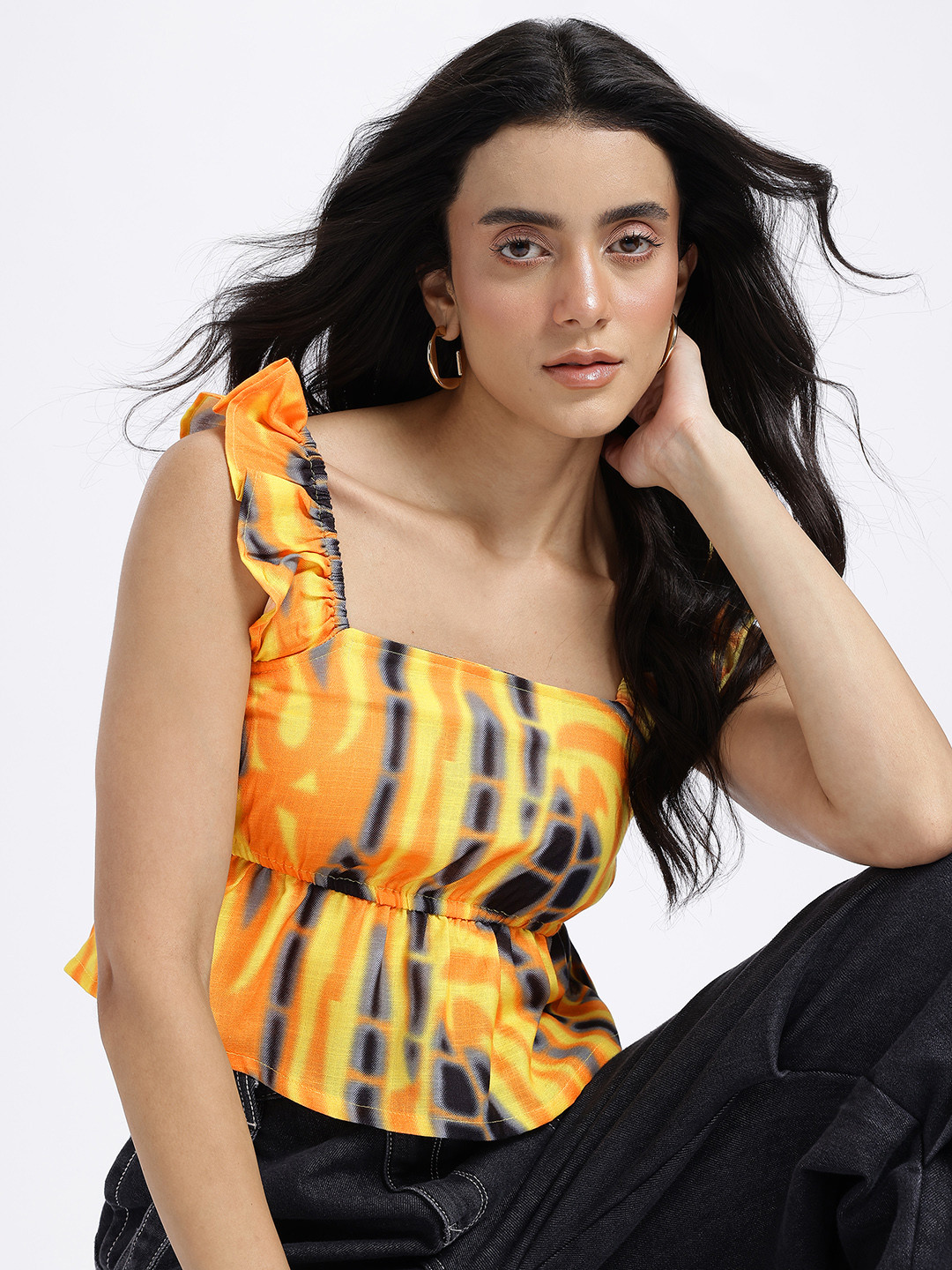 glitchez Abstract Patterns Printed Flutter Sleeves Crop Peplum Top