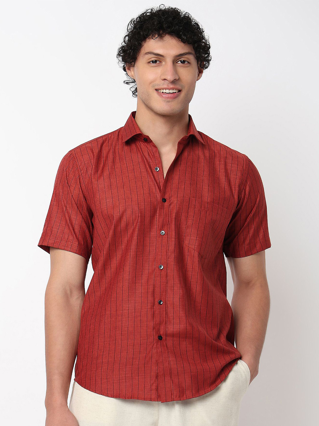 MARK & ALBERT Slim Fit Vertical Stripes Wrinkle Free Cotton Linen Causal Shirt