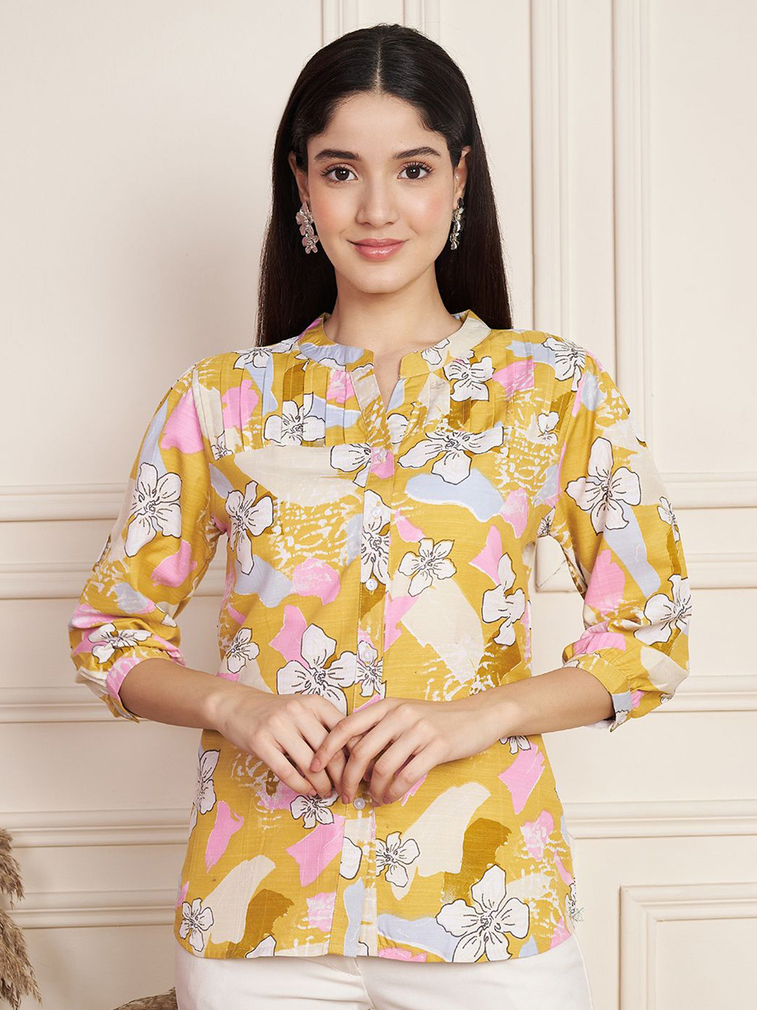 Fbella Women Floral Print Mandarin Collar Cotton Top