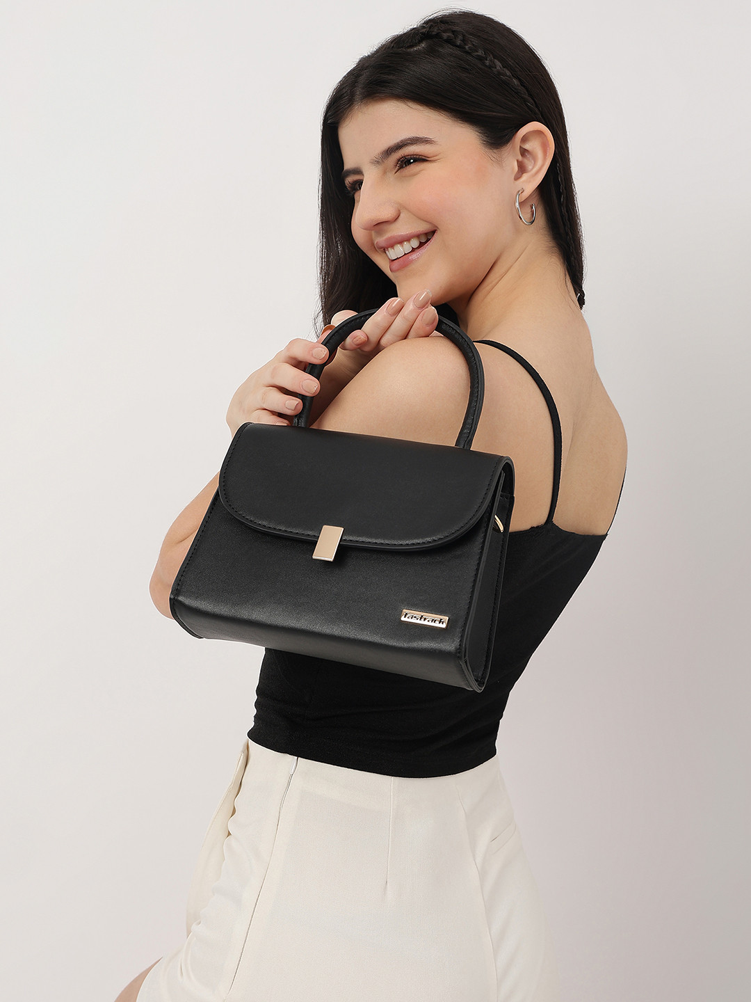 Fastrack Black Solid PU Regular Structured Handheld Bag