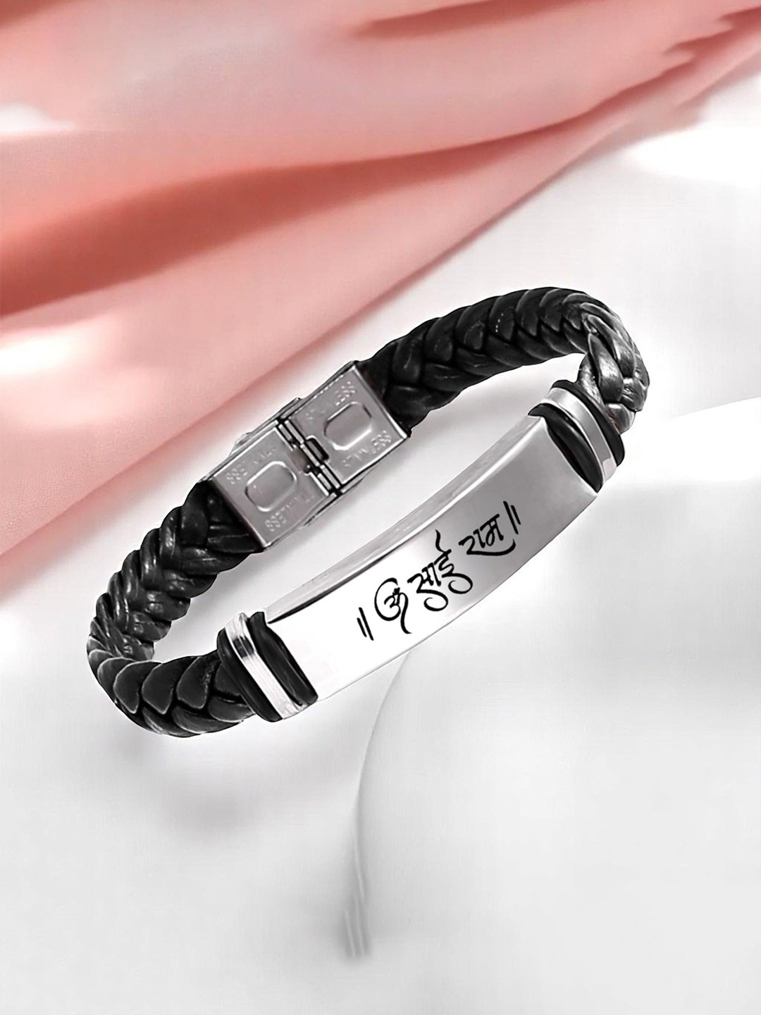 M Men Style OM Sai Ram Printed Stainless Steel & Braided Leather Wraparound Bracelet