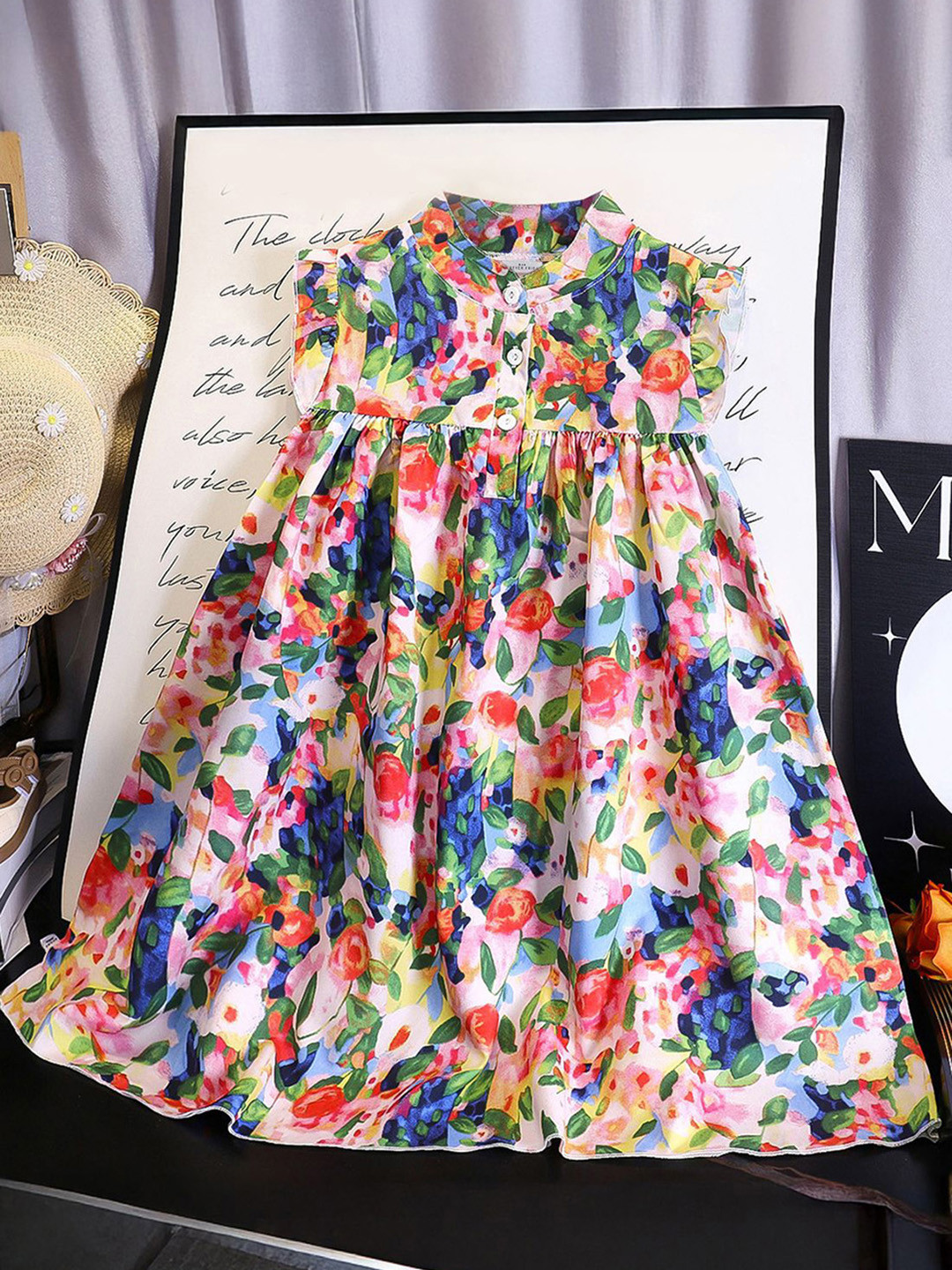 FOREVER FRIDAY Girls Cotton Floral Printed Flutter Sleeve A-Line Dress