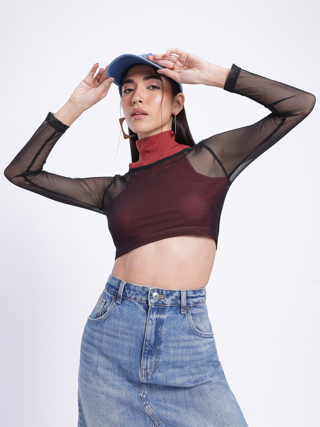 glitchez Sheer Net Sleeves Cropped Top