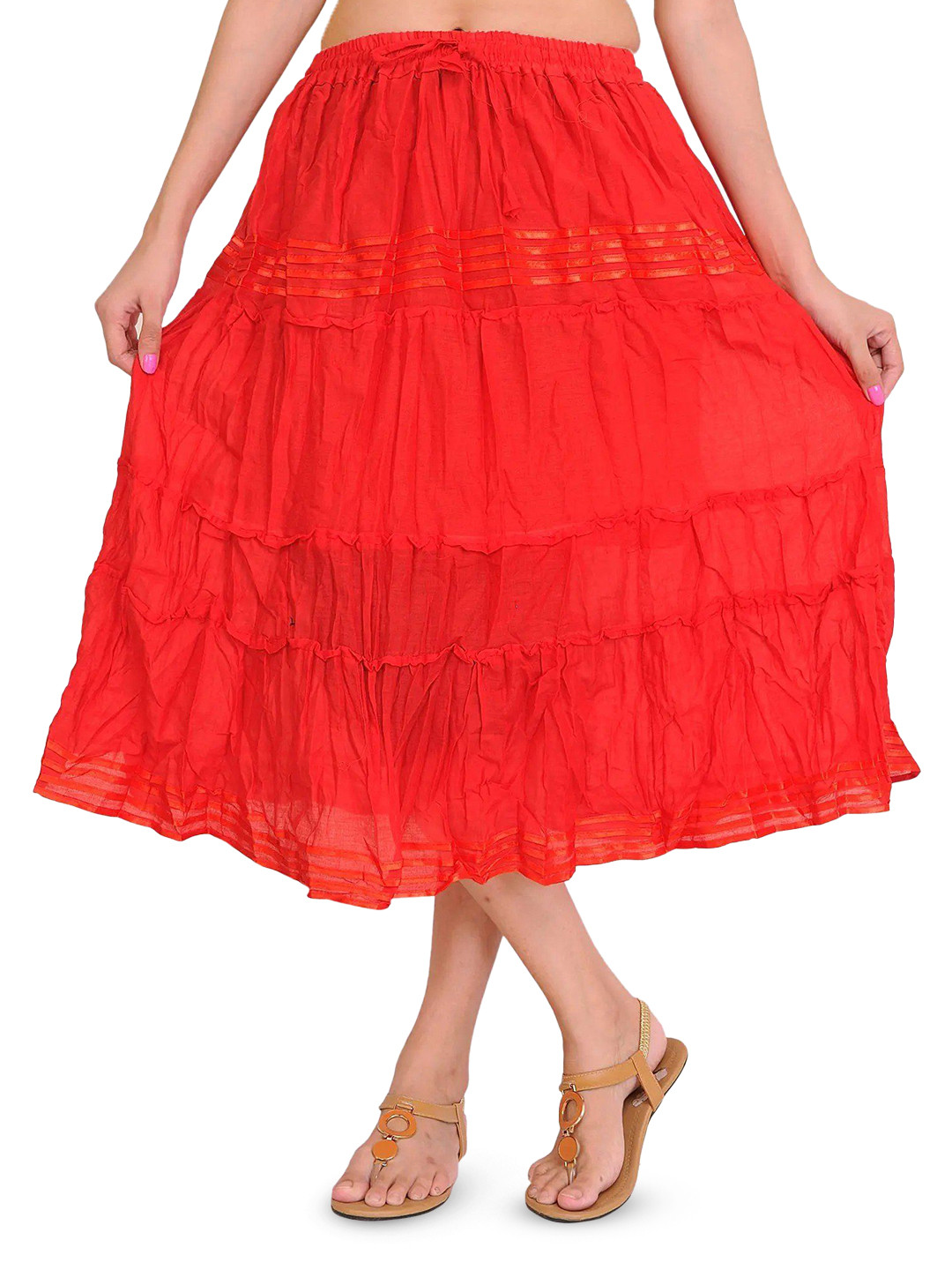 Exotic India Plain Elastic-Waist Midi Skirt With Lace